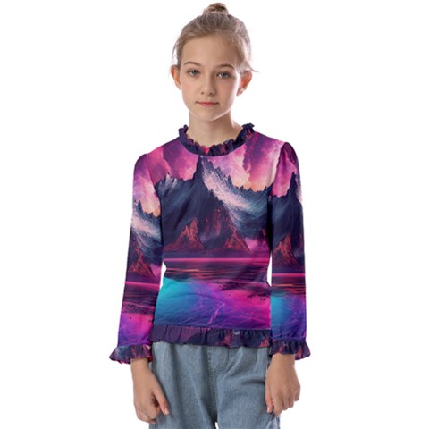 Ai Generated Mountain Ocean Lava Kids  Frill Detail Tee by Ravend