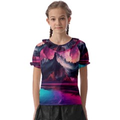 Ai Generated Mountain Ocean Lava Kids  Frill Chiffon Blouse by Ravend