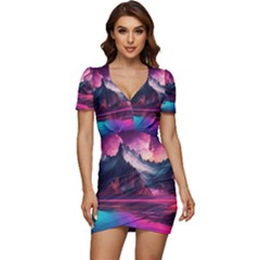 Ai Generated Mountain Ocean Lava Low Cut Cap Sleeve Mini Dress