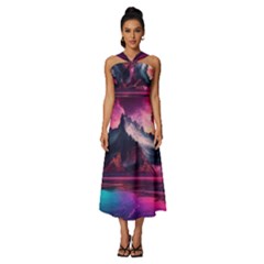 Ai Generated Mountain Ocean Lava Sleeveless Cross Front Cocktail Midi Chiffon Dress