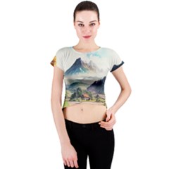 Countryside Trees Grass Mountain Crew Neck Crop Top by Ravend