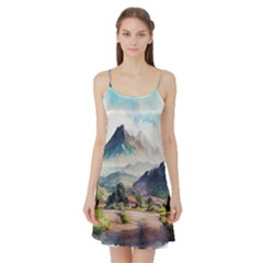 Countryside Trees Grass Mountain Satin Night Slip by Ravend