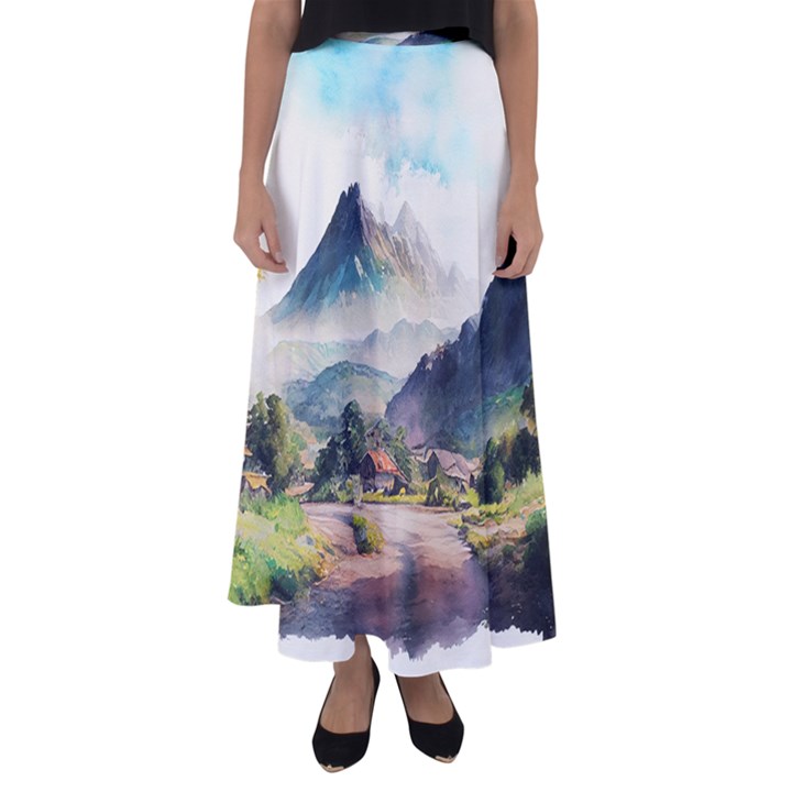 Countryside Trees Grass Mountain Flared Maxi Skirt