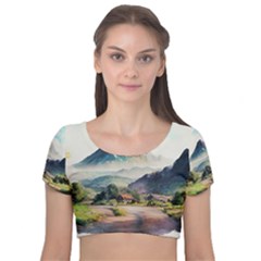 Countryside Trees Grass Mountain Velvet Short Sleeve Crop Top  by Ravend