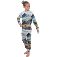 Countryside Trees Grass Mountain Kids  Long Sleeve Set  by Ravend