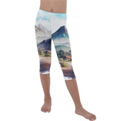 Countryside Trees Grass Mountain Kids  Lightweight Velour Capri Leggings  by Ravend