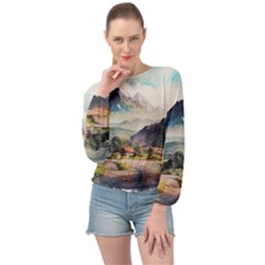 Countryside Trees Grass Mountain Banded Bottom Chiffon Top by Ravend