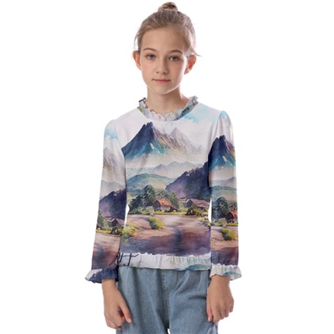 Countryside Trees Grass Mountain Kids  Frill Detail Tee by Ravend