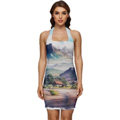 Countryside Trees Grass Mountain Sleeveless Wide Square Neckline Ruched Bodycon Dress by Ravend