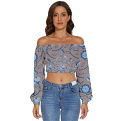 Flower Long Sleeve Crinkled Weave Crop Top