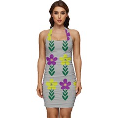 Pattern Flowers Art Creativity Sleeveless Wide Square Neckline Ruched Bodycon Dress