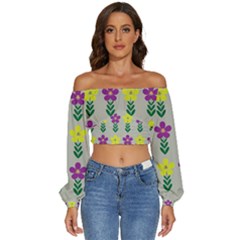 Pattern Flowers Art Creativity Long Sleeve Crinkled Weave Crop Top