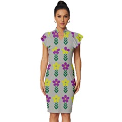 Pattern Flowers Art Creativity Vintage Frill Sleeve V-neck Bodycon Dress