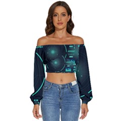 Sci Fi Computer Screen Long Sleeve Crinkled Weave Crop Top