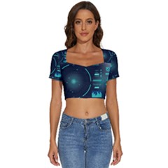 Sci Fi Computer Screen Short Sleeve Square Neckline Crop Top 