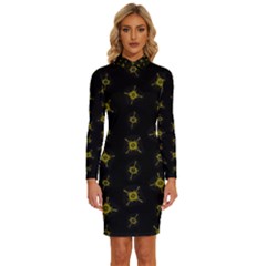 Symbols Gold Background Metallic Long Sleeve Shirt Collar Bodycon Dress