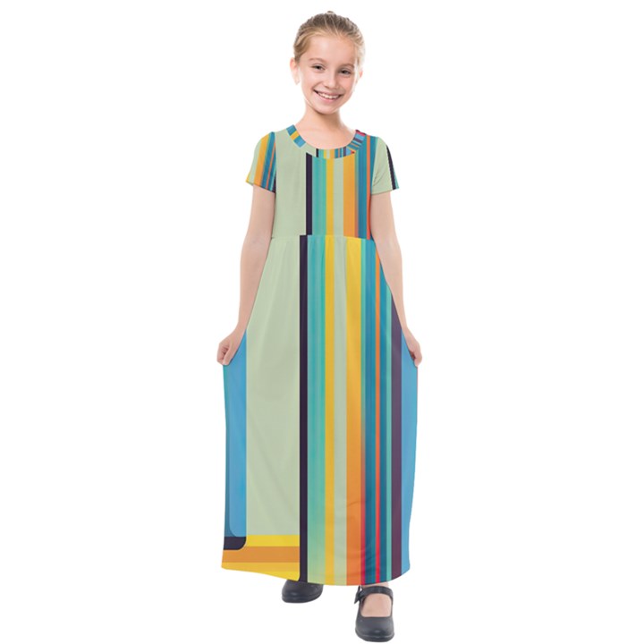 Colorful Rainbow Striped Pattern Kids  Short Sleeve Maxi Dress