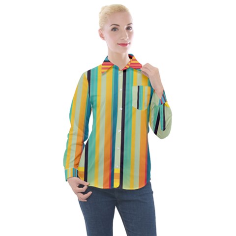 Colorful Rainbow Striped Pattern Women s Long Sleeve Pocket Shirt by Uceng