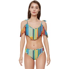 Colorful Rainbow Striped Pattern Ruffle Edge Tie Up Bikini Set	