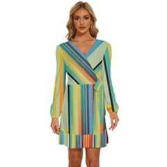 Colorful Rainbow Striped Pattern Long Sleeve Waist Tie Ruffle Velour Dress