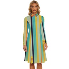 Colorful Rainbow Striped Pattern Long Sleeve Shirt Collar A-line Dress by Uceng