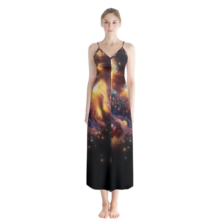 Nebula Galaxy Stars Astronomy Button Up Chiffon Maxi Dress