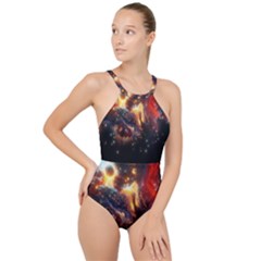 Nebula Galaxy Stars Astronomy High Neck One Piece Swimsuit by Uceng