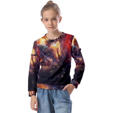 Nebula Galaxy Stars Astronomy Kids  Long Sleeve Tee With Frill  by Uceng