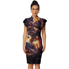 Nebula Galaxy Stars Astronomy Vintage Frill Sleeve V-neck Bodycon Dress