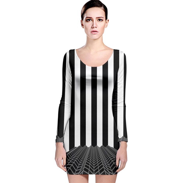 Illustration Stripes Geometric Pattern Long Sleeve Velvet Bodycon Dress