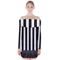 Illustration Stripes Geometric Pattern Long Sleeve Off Shoulder Dress by Uceng