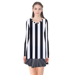 Illustration Stripes Geometric Pattern Long Sleeve V-neck Flare Dress by Uceng