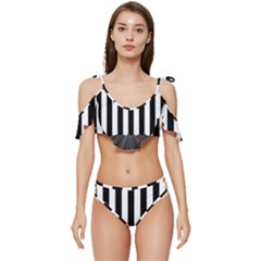 Illustration Stripes Geometric Pattern Ruffle Edge Tie Up Bikini Set	