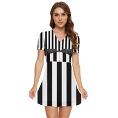 Illustration Stripes Geometric Pattern V-neck High Waist Chiffon Mini Dress by Uceng