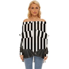 Illustration Stripes Geometric Pattern Off Shoulder Chiffon Pocket Shirt by Uceng