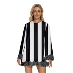 Illustration Stripes Geometric Pattern Round Neck Long Sleeve Bohemian Style Chiffon Mini Dress