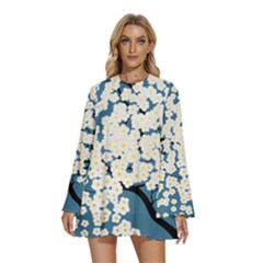 Flower Flora Decoration Pattern Round Neck Long Sleeve Bohemian Style Chiffon Mini Dress