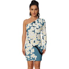 Flower Flora Decoration Pattern Long Sleeve One Shoulder Mini Dress