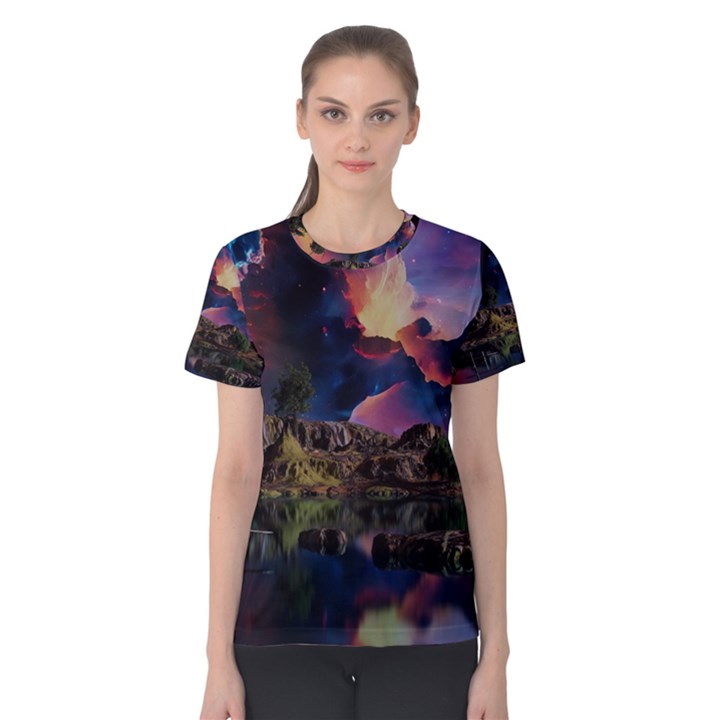 Lake Galaxy Stars Science Fiction Women s Cotton Tee