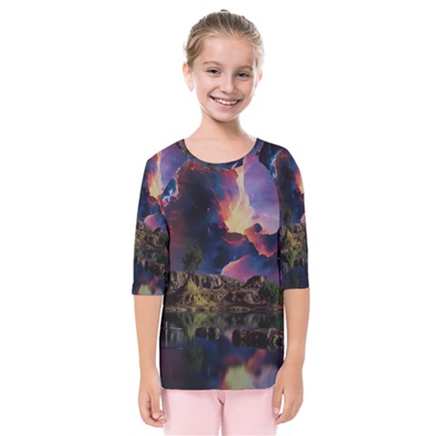 Lake Galaxy Stars Science Fiction Kids  Quarter Sleeve Raglan Tee by Uceng