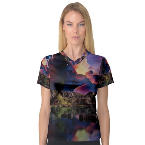 Lake Galaxy Stars Science Fiction V-neck Sport Mesh Tee by Uceng