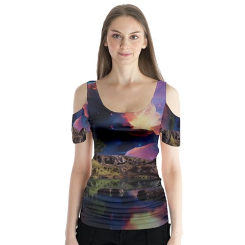 Lake Galaxy Stars Science Fiction Butterfly Sleeve Cutout Tee  by Uceng