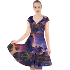 Lake Galaxy Stars Science Fiction Cap Sleeve Front Wrap Midi Dress by Uceng