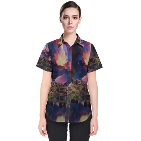 Lake Galaxy Stars Science Fiction Women s Short Sleeve Shirt by Uceng