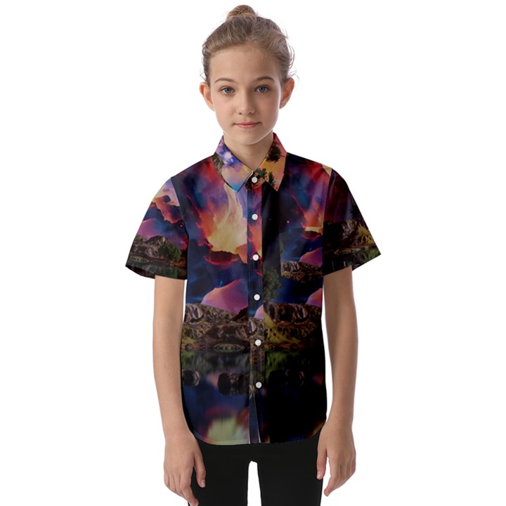 Lake Galaxy Stars Science Fiction Kids  Short Sleeve Shirt