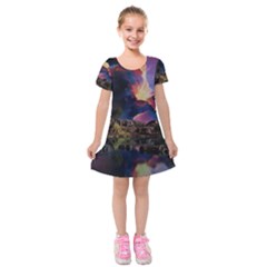 Lake Galaxy Stars Science Fiction Kids  Short Sleeve Velvet Dress by Uceng