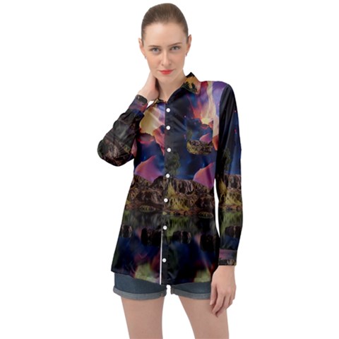 Lake Galaxy Stars Science Fiction Long Sleeve Satin Shirt by Uceng