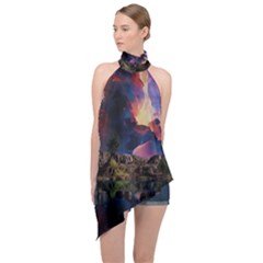 Lake Galaxy Stars Science Fiction Halter Asymmetric Satin Top by Uceng