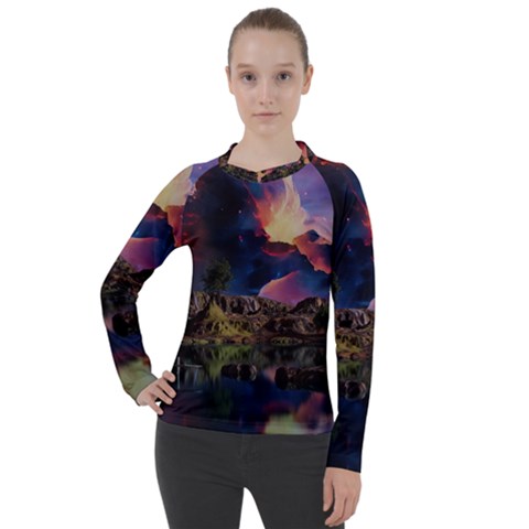 Lake Galaxy Stars Science Fiction Women s Pique Long Sleeve Tee by Uceng