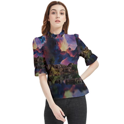 Lake Galaxy Stars Science Fiction Frill Neck Blouse by Uceng